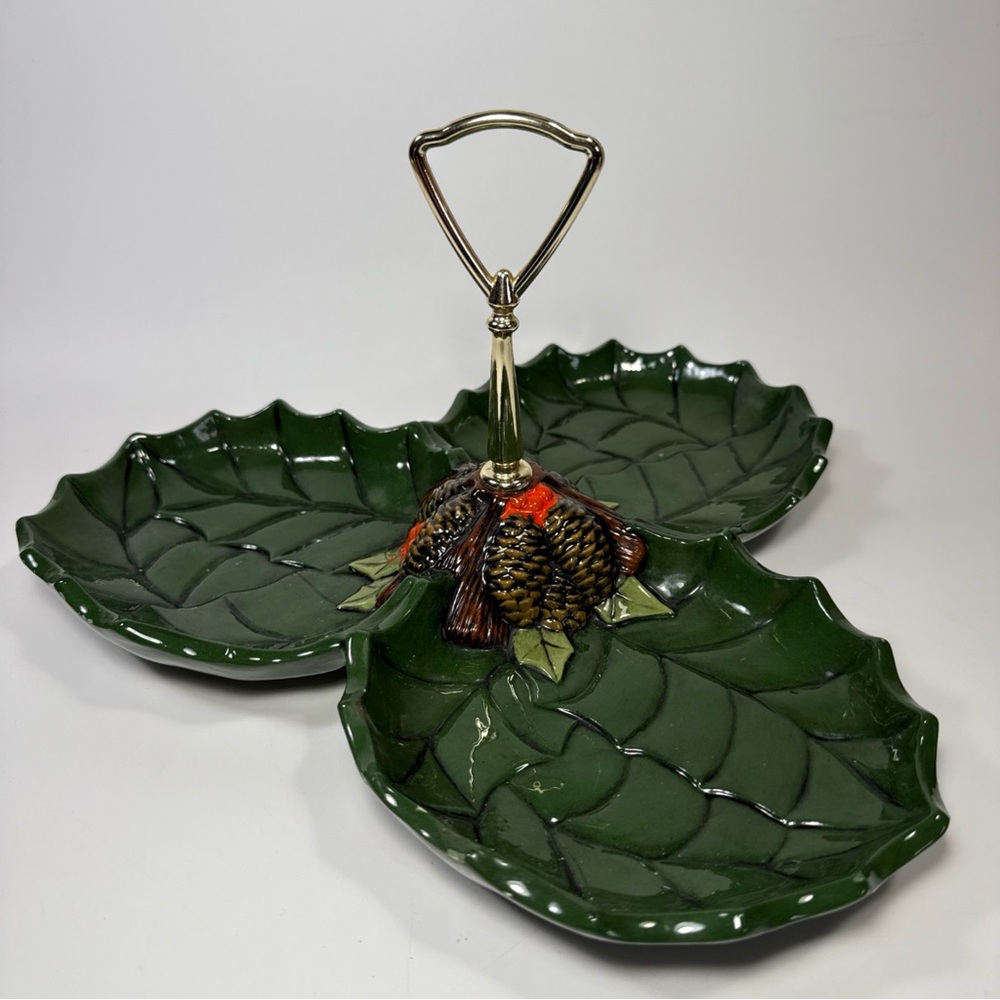 Holly Leaf Design Green Serveware Tray 3 compartment holiday Christmas dish - Picture 4 of 11